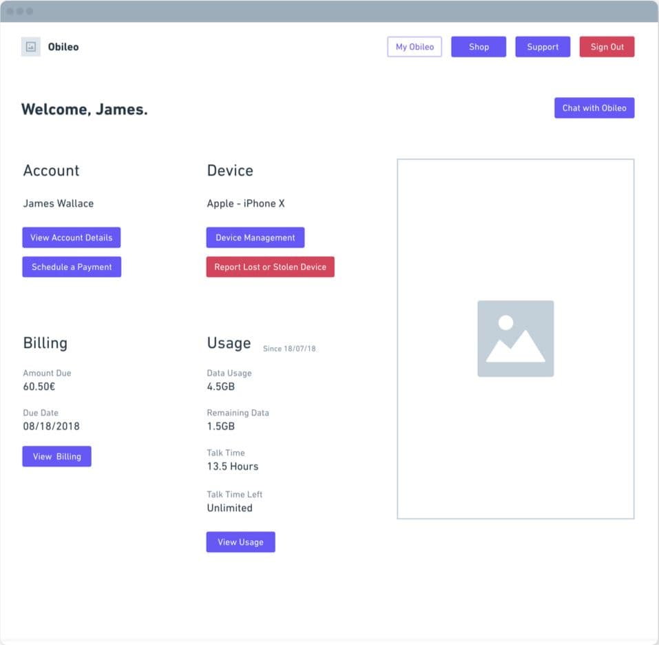 Wireframe 2 for Mobile Service Provider Web App